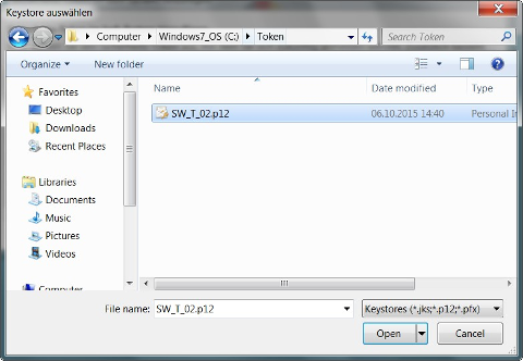 Anzeige des Dateisystems im Dialog „Keystore auswählen" zum Öffnen des Software-Zertifikats.